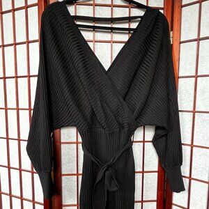 CAGE Black Ribbed Knit Surplice Dress - V-Neck Dolman Sleeve Mini Dress with Tie